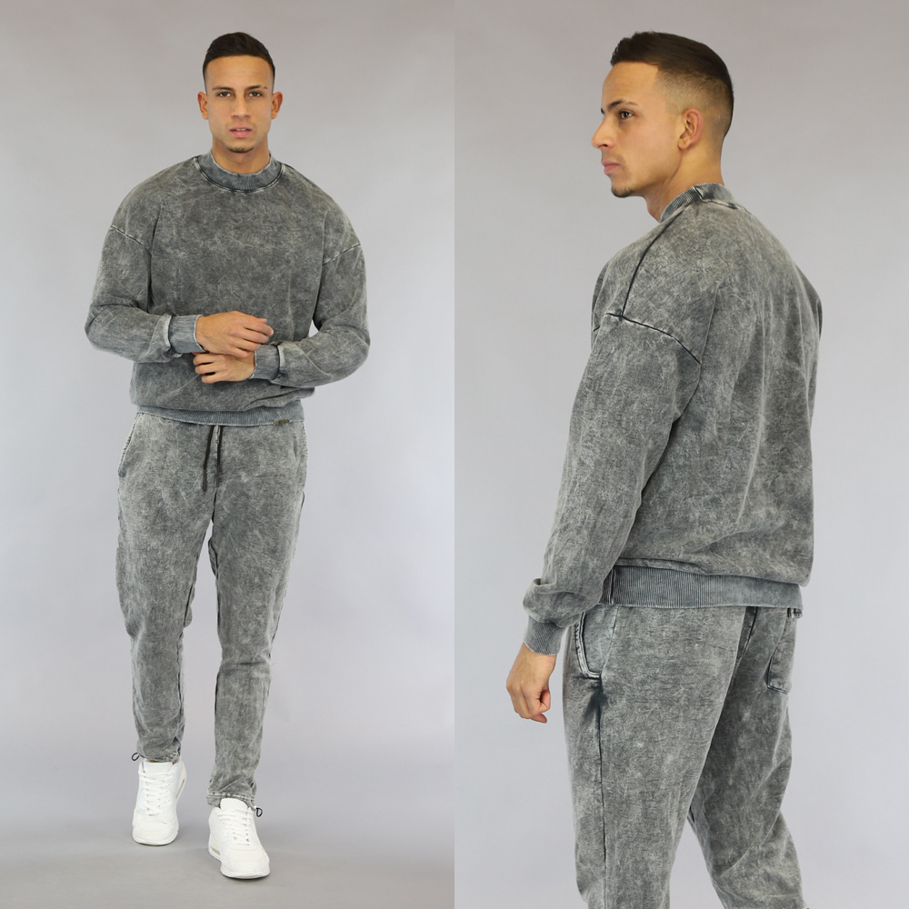 Grijze Acid Wash Jogger Set met Sweater Black Leo