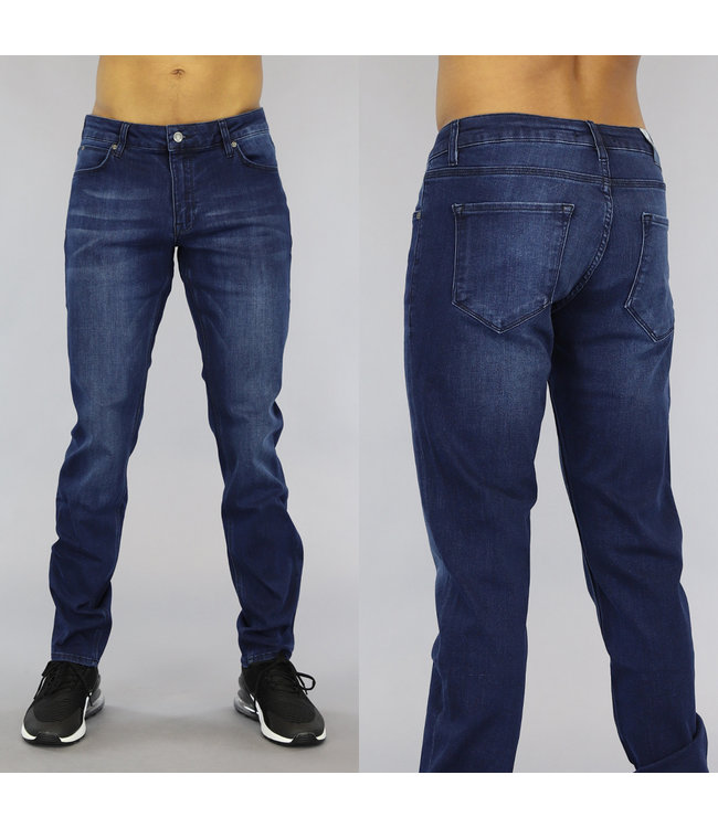 Donkerblauwe Slim Fit Heren Jeans met Wassing