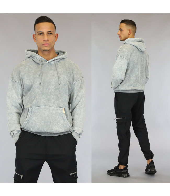 !SALE50 Lichtgrijze Acid Washed Heren Hoodie