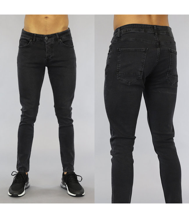 Basic Zwarte Heren Skinny Jeans met Wassing - Black-Leo.nl
