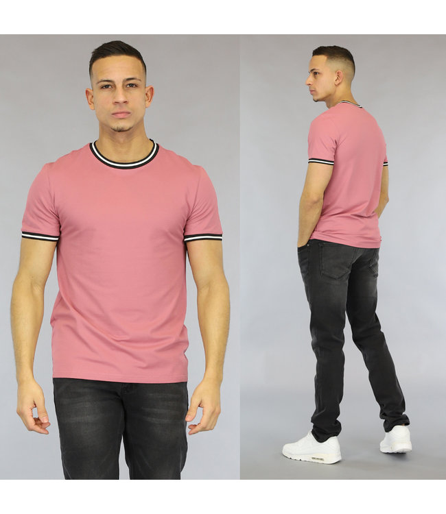 Roze Heren T Shirt met Gestreepte Boorden