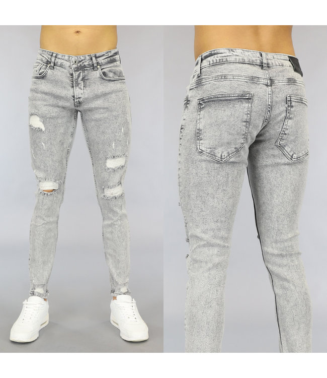 Grijze Heren Acid Washed Skinny Jeans met Scheuren
