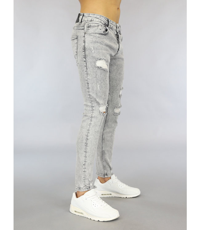 Grijze Heren Acid Washed Skinny Jeans met Scheuren
