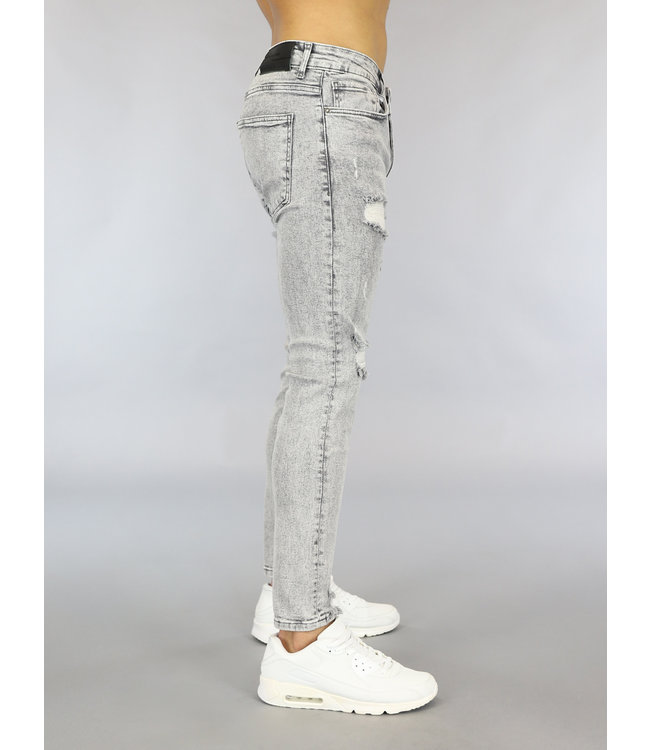 Grijze Heren Acid Washed Skinny Jeans met Scheuren