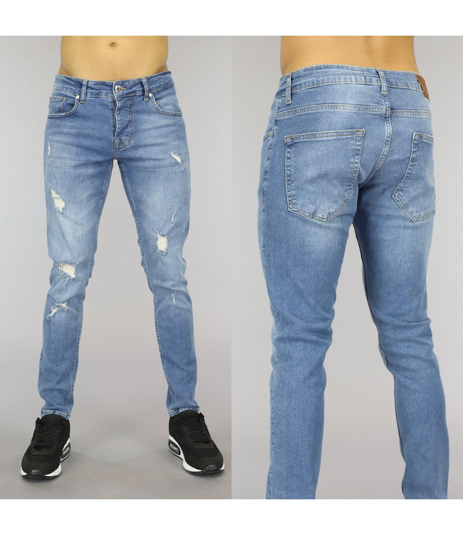 Lichtblauwe Slim Fit Heren Jeans met Gaten