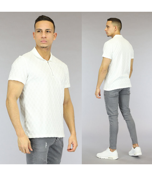 !SALE50 Witte Heren Polo met Blokpatroon