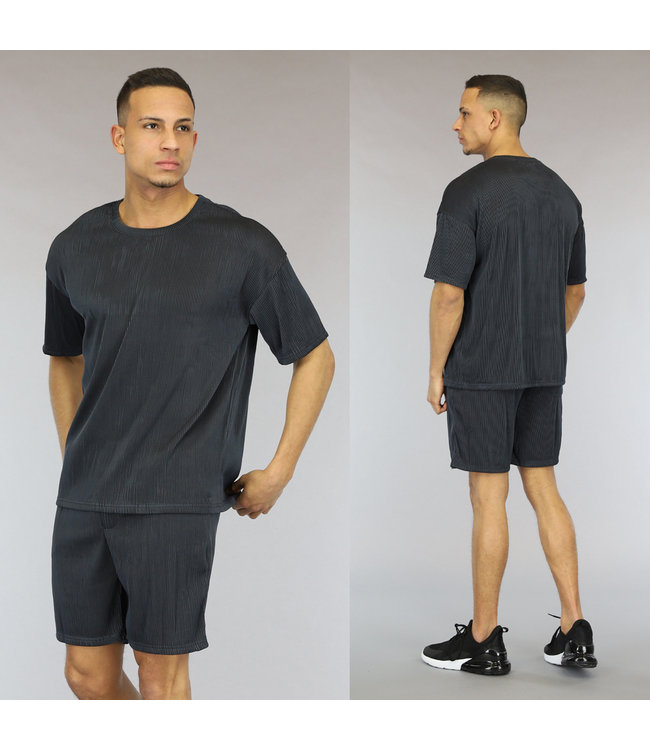 Donkerblauw Oversized Heren Ribbel Short Set