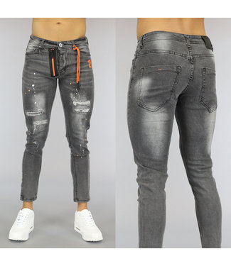 Grijze Heren Jeans met Sierrits en Verfspatten