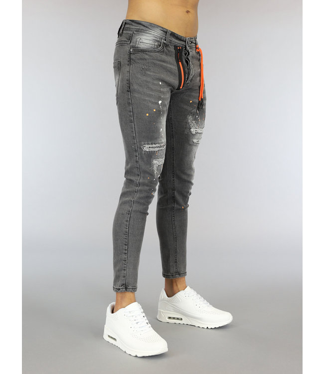 Grijze Heren Jeans met Sierrits en Verfspatten