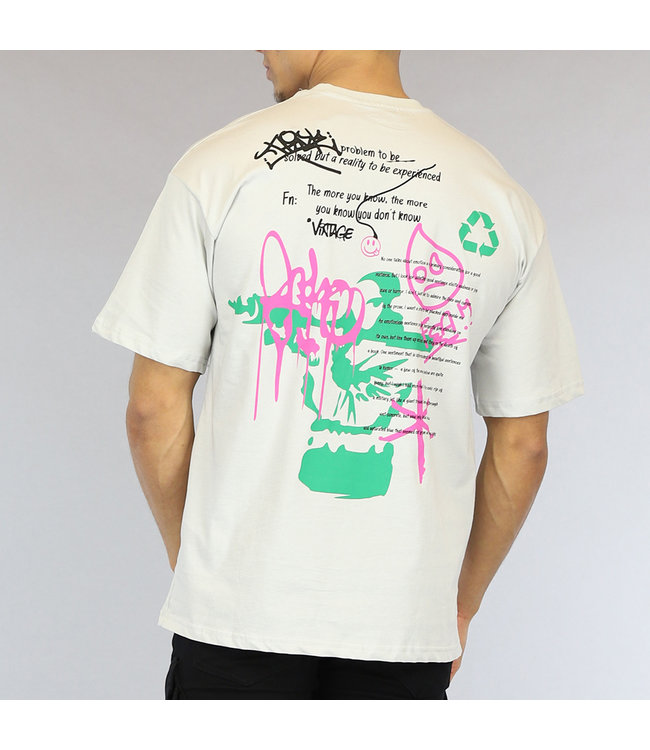 !OP=OP Lichtgrijs Oversized Vintage Heren Graffiti T-Shirt