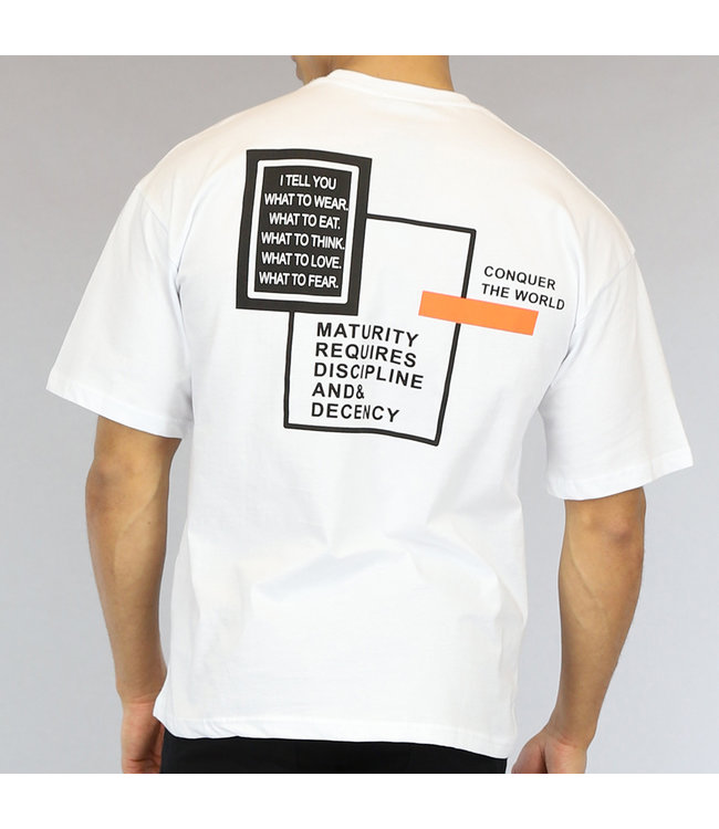 Wit Oversized Heren T-Shirt met Teksten - Black-Leo.nl