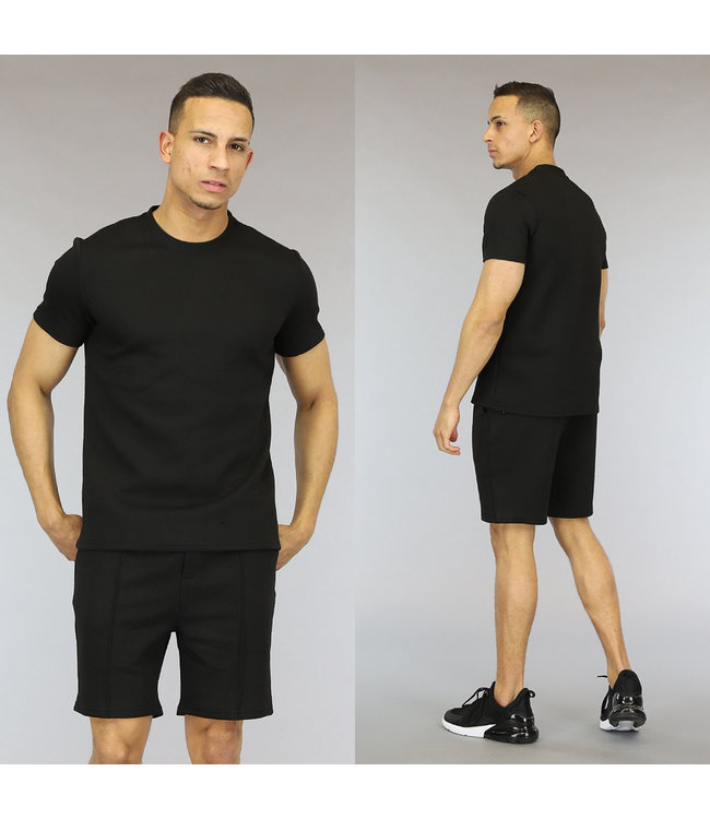 Zwarte Heren Short Set met Reliëf en Bies