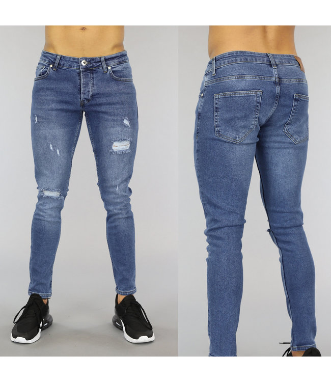 Basic Blauwe Heren Jeans met Scheuren - Black-Leo.nl