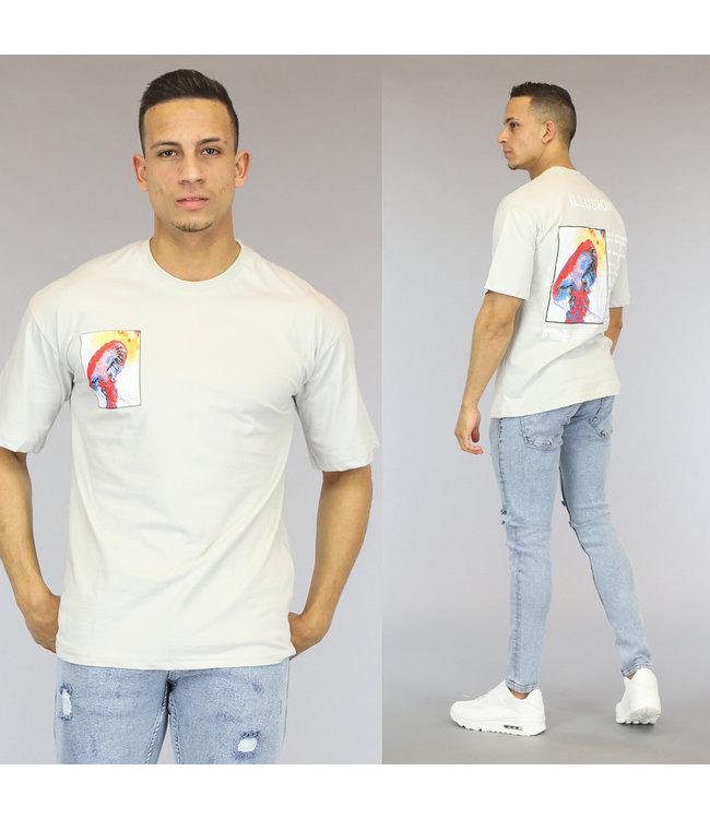 Lichtgrijs Oversized Bedrukt Heren T-Shirt