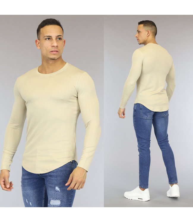 Beige Longsleeve Heren Shirt met Print 