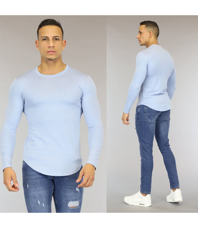 Lichtblauw Longsleeve Heren Shirt met Print Opdruk
