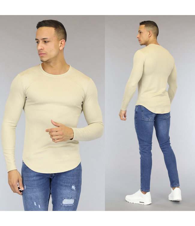 !OP=OP Beige Longsleeve Heren Shirt met Visgraat Print