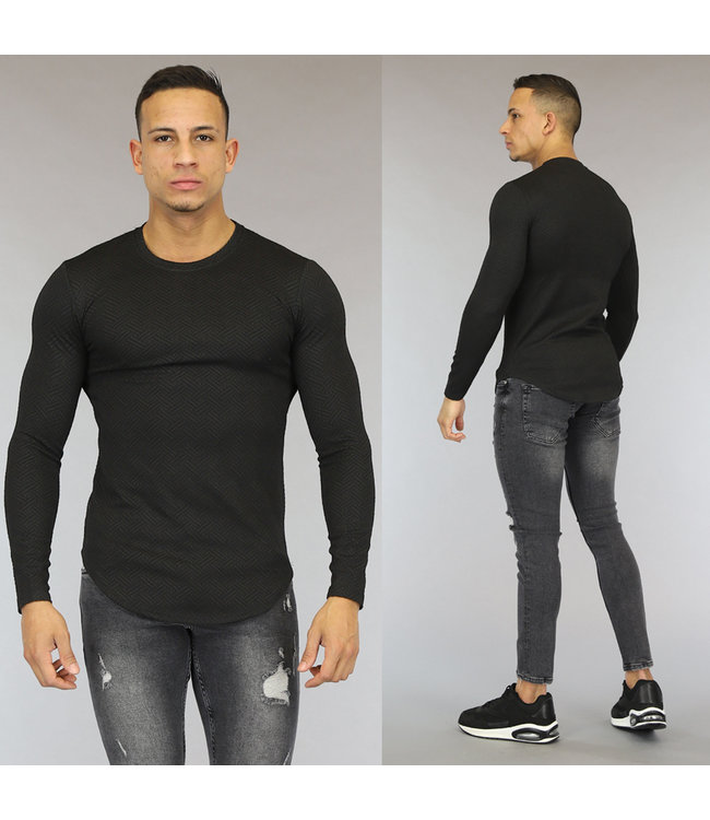 NEW0104 Zwart Longsleeve Heren Shirt met Visgraat Print