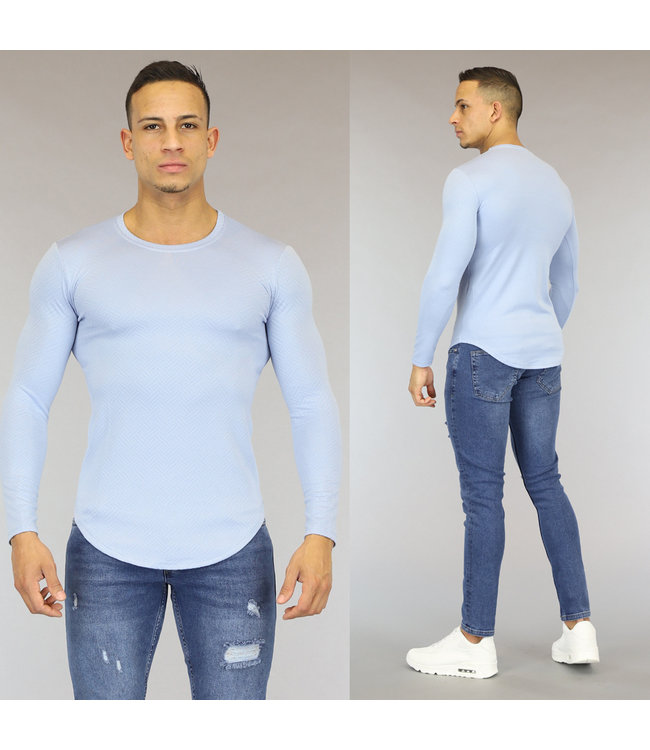 Lichtblauw Longsleeve Heren Shirt met Visgraat Print