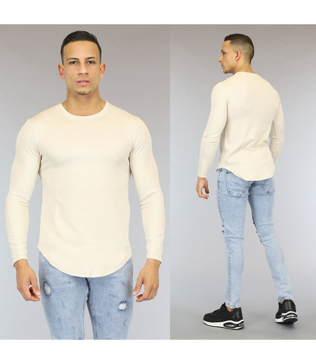 Beige Aansluitend Heren Shirt met Lange Mouwen