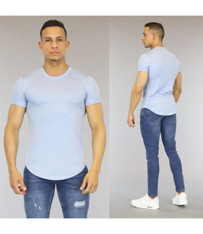 Lichtblauw Heren T-Shirt met Reliëf Opdruk