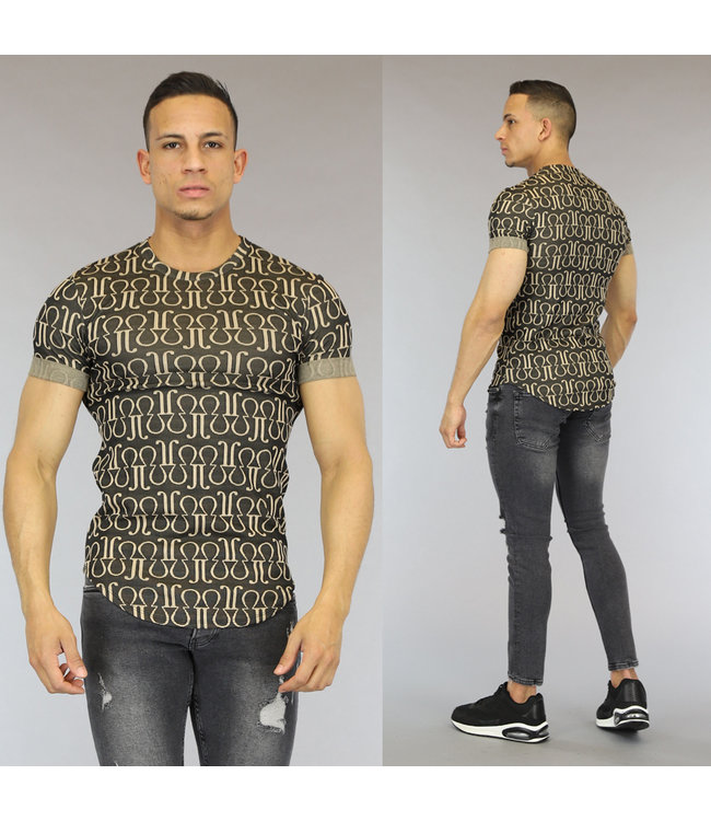 Zwart Heren T-Shirt met Beige Print