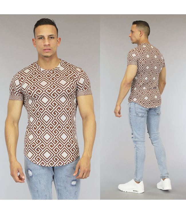 Bruin/Wit Heren T-Shirt met Print