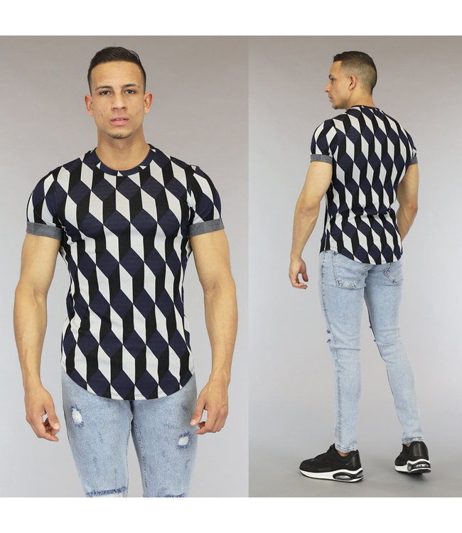 Blauw Heren T-Shirt met Ruitpatroon