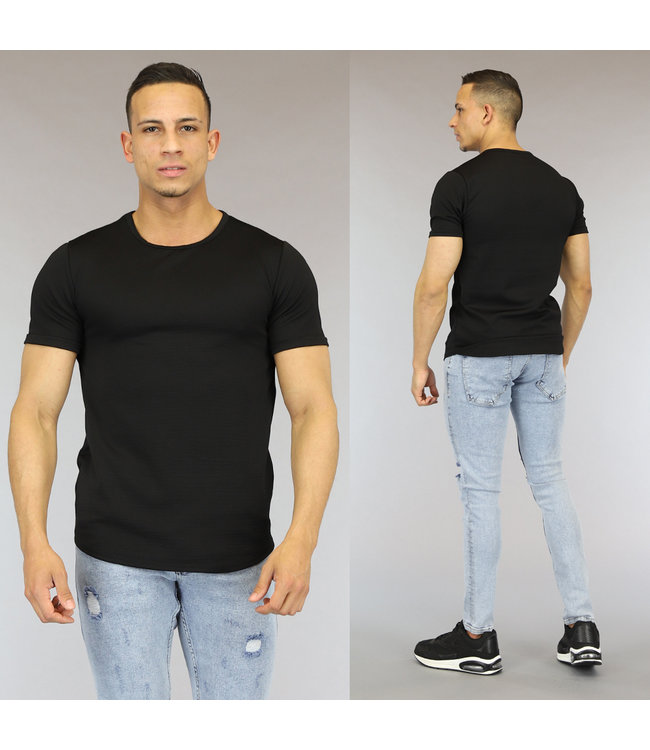 Zwart Heren T-Shirt met Streep Reliëf