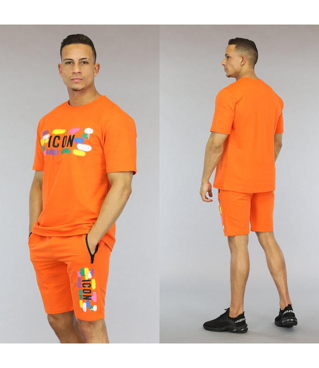 !SALE50 Oranje Heren Icon Short Set met Verf Vlekken