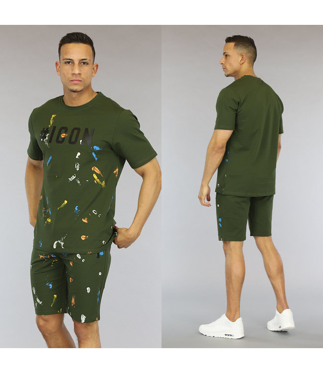 !OP=OP Legergroene Heren Short Set met Verf Vlekken