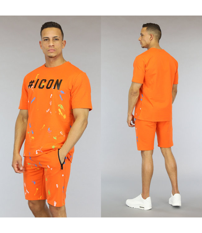 !SALE50 Oranje Heren Short Set met Verf Vlekken