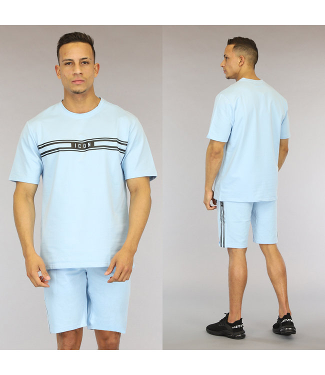 Lichtblauwe Heren Short Set met Strepen