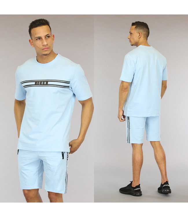 Lichtblauwe Heren Short Set met Strepen