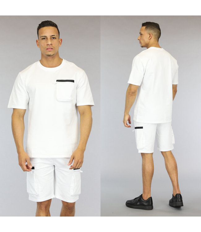 Witte Loose Fit Heren Short Set met Zakken