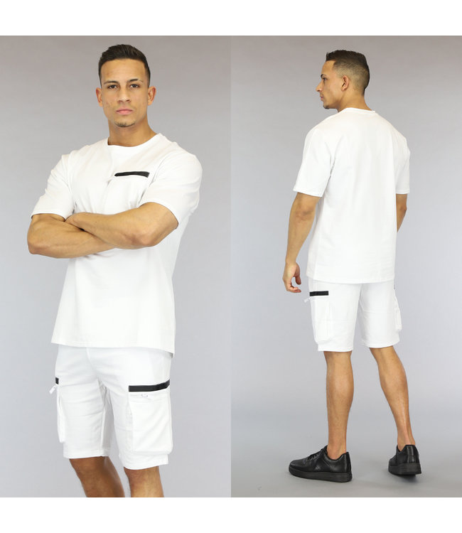 Witte Loose Fit Heren Short Set met Zakken