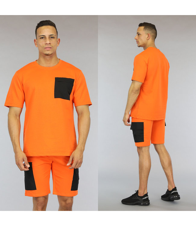 Oranje Heren Short Set met Zwarte Zakken