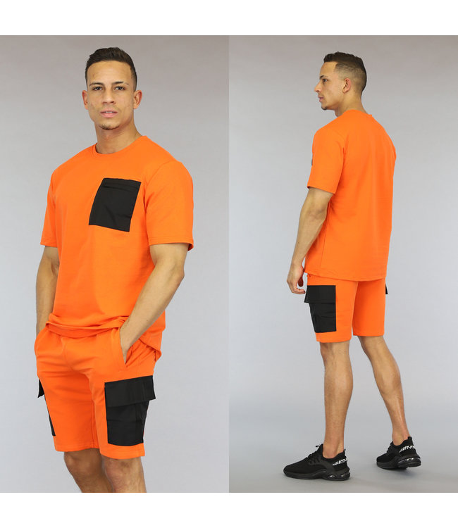 Oranje Heren Short Set met Zwarte Zakken