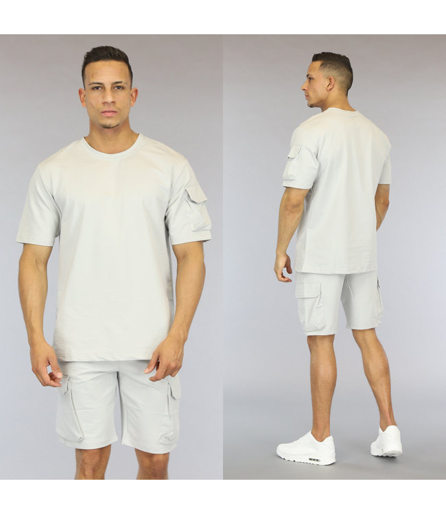 Lichtgrijze Oversized Heren Short Set met Zakken