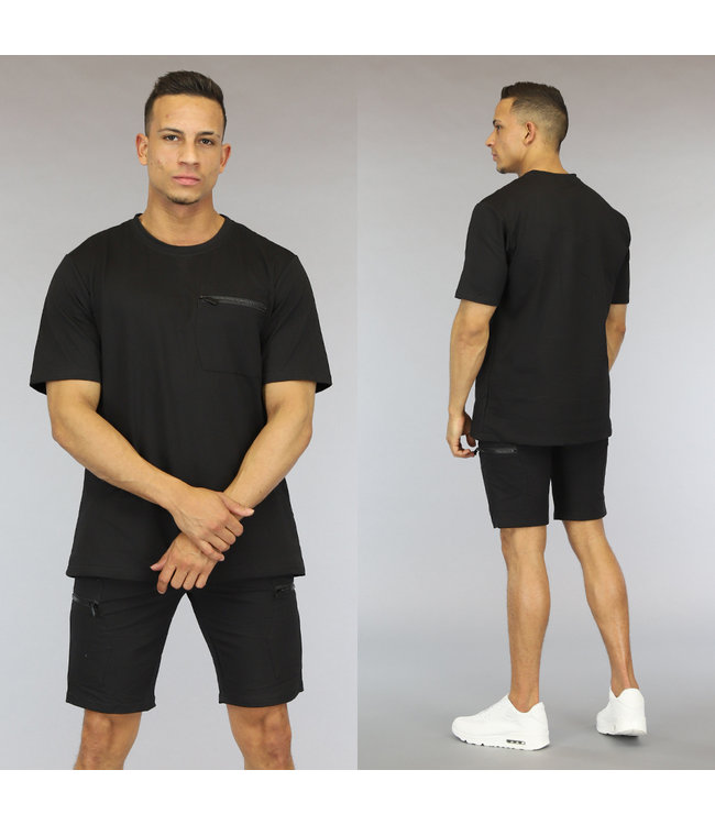 Zwarte Loose Fit Heren Short Set met Zakken