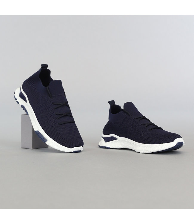 Donkerblauwe Heren Instap Sock Sneakers met Veter