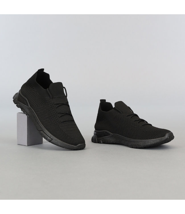 Zwarte Heren Instap Sock Sneakers met Veter Black Leo