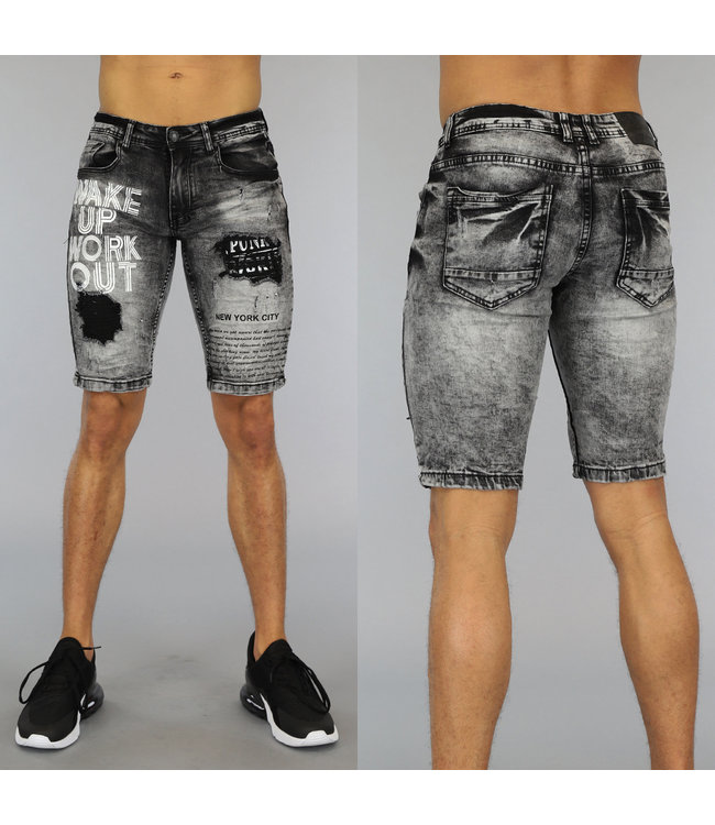 Grijze Washed Heren Jeans Short met Print en Scheuren