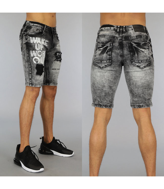 Grijze Washed Heren Jeans Short met Print en Scheuren