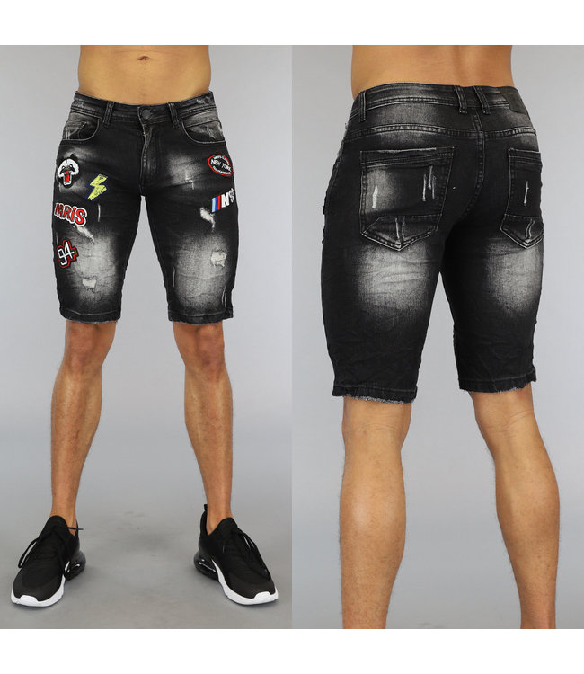 Zwarte Heren Jeans Short met Patches
