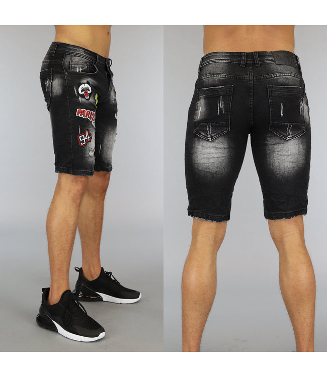 Zwarte Heren Jeans Short met Patches