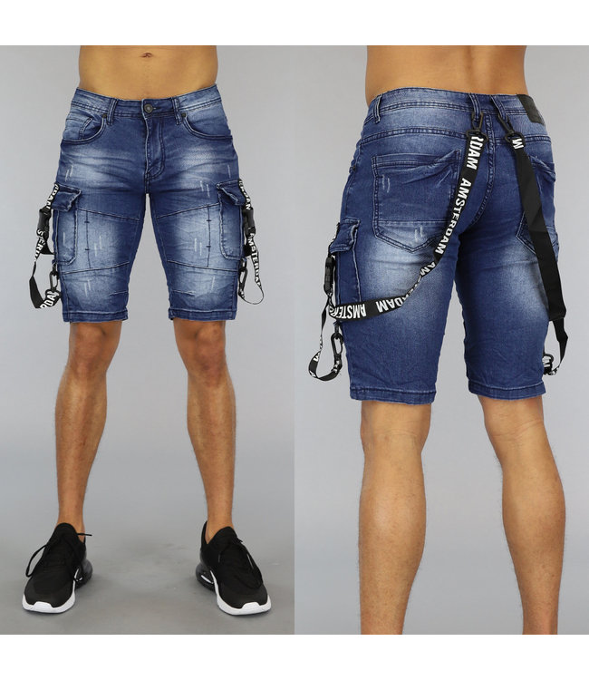Blauw Light Washed Heren Jeans Short met Bretels