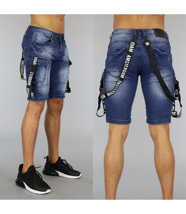 Blauw Light Washed Heren Jeans Short met Bretels