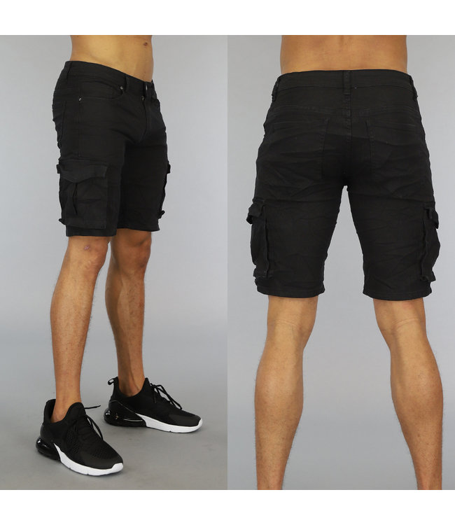 Zwarte Basic Heren Jeans Short met Klepzakken