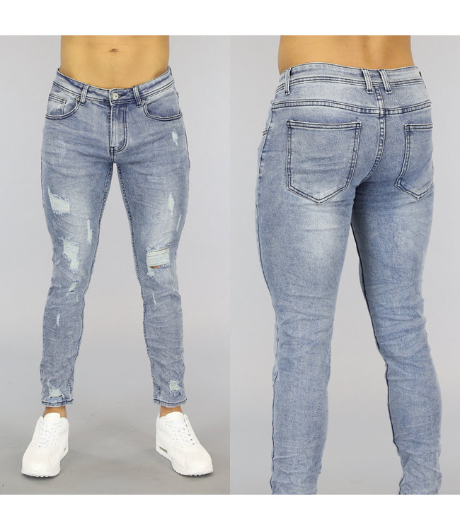 !OP=OP Basic Lichtblauwe Heren Jeans met Scheuren en Wassing